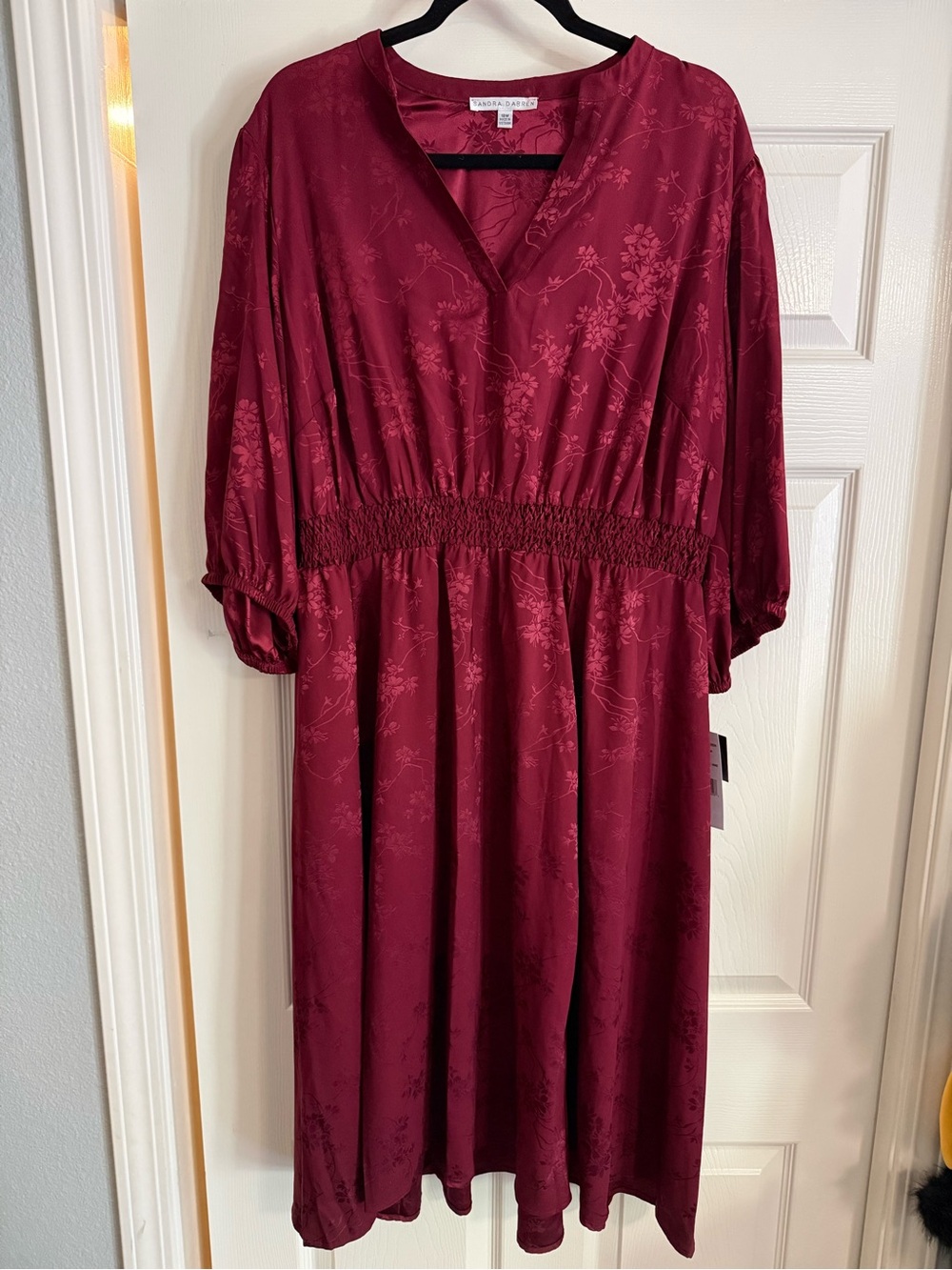 Sandra Darren - size 18 Burgundy Floral Midi Dress with Smocked Waist